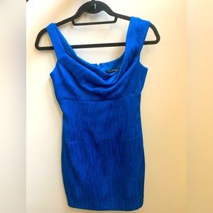 Black Halo textured, rich blue Jacki O mini dress.